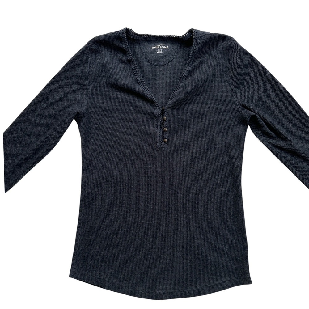 Eddie Bauer Henley Top Womens Large Navy Blue Excellent Waffle Knit Crochet Trim